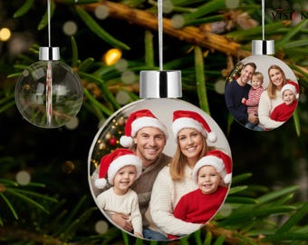Gepersonaliseerd kerstornament met foto, op maat gemaakt dubbelzijdig transparant kerstbal als aandenken.