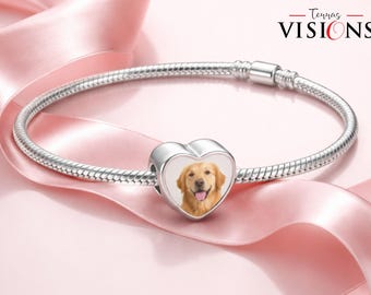 Engraved Heart Photo Charm, Personalized Silver Bead, Fits Pandora Bracelets, Gift for Her