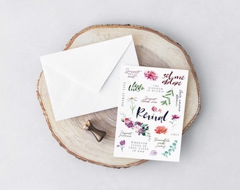 May include: A white card with floral illustrations and inspirational quotes. The card says "Revival" in large, bold letters. The quotes include "Set me ablaze", "The kingdom is within", "Love conquers all", "Fall afresh", "Whoever lives in love lives in God", "Humble yourselves", "Amen", "Spirit break out", "Live lines", "Spirit lead me", "Love divine", "Fall afresh".