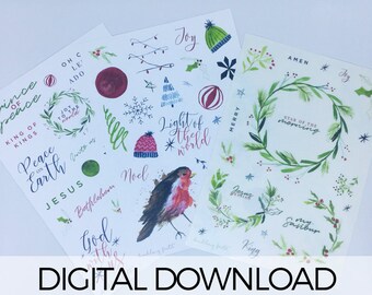 3 A4 sheets of Bible Journaling Christmas watercolour artwork | Doodling Faith