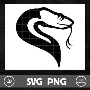 May include: Black and white silhouette of a snake with its head turned to the side and its tongue sticking out.