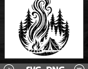 May include: Black and white silhouette of a campfire with smoke rising above it, surrounded by trees and a tent.