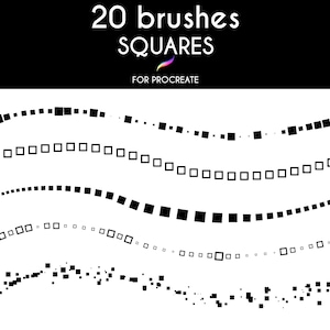 Op de afbeelding: Een set van 20 digitale penselen voor Procreate, met verschillende vierkante vormen en patronen. De penselen zijn ontworpen om unieke en interessante effecten te creëren in digitale kunst.