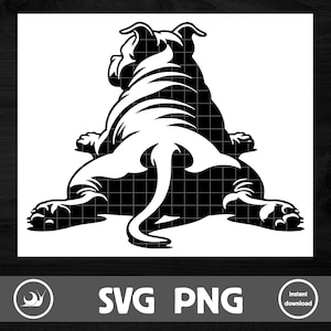 Puede incluir: Silueta en blanco y negro de un perro pitbull acostado de lado con la cabeza girada hacia atrás para mirar al espectador. La cola del perro está enroscada detrás de él.