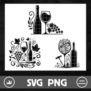 Wein SVG Bundle Schnitt Datei für Cricut oder Silhouette | Weinrebe SVG Bundle | Wein Glas PNG Clipart