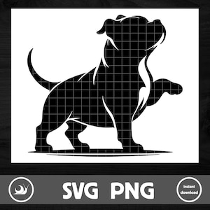 May include: Black silhouette of a dog standing on its hind legs with its front paw raised. The dog is facing to the right.