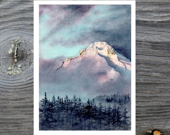 May include: Watercolor painting of a snow-capped mountain with a purple and blue sky. The mountain is surrounded by a dark forest of trees.