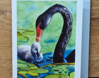 Tarjeta de felicitación Cisne negro con cría