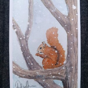 Puede incluir: Una pintura de acuarela de una ardilla roja sentada en una rama de un &aacute;rbol en un bosque nevado. La ardilla mira hacia la izquierda y tiene la cola enroscada alrededor de su cuerpo. El fondo es de color azul claro con puntos blancos que representan la nieve.