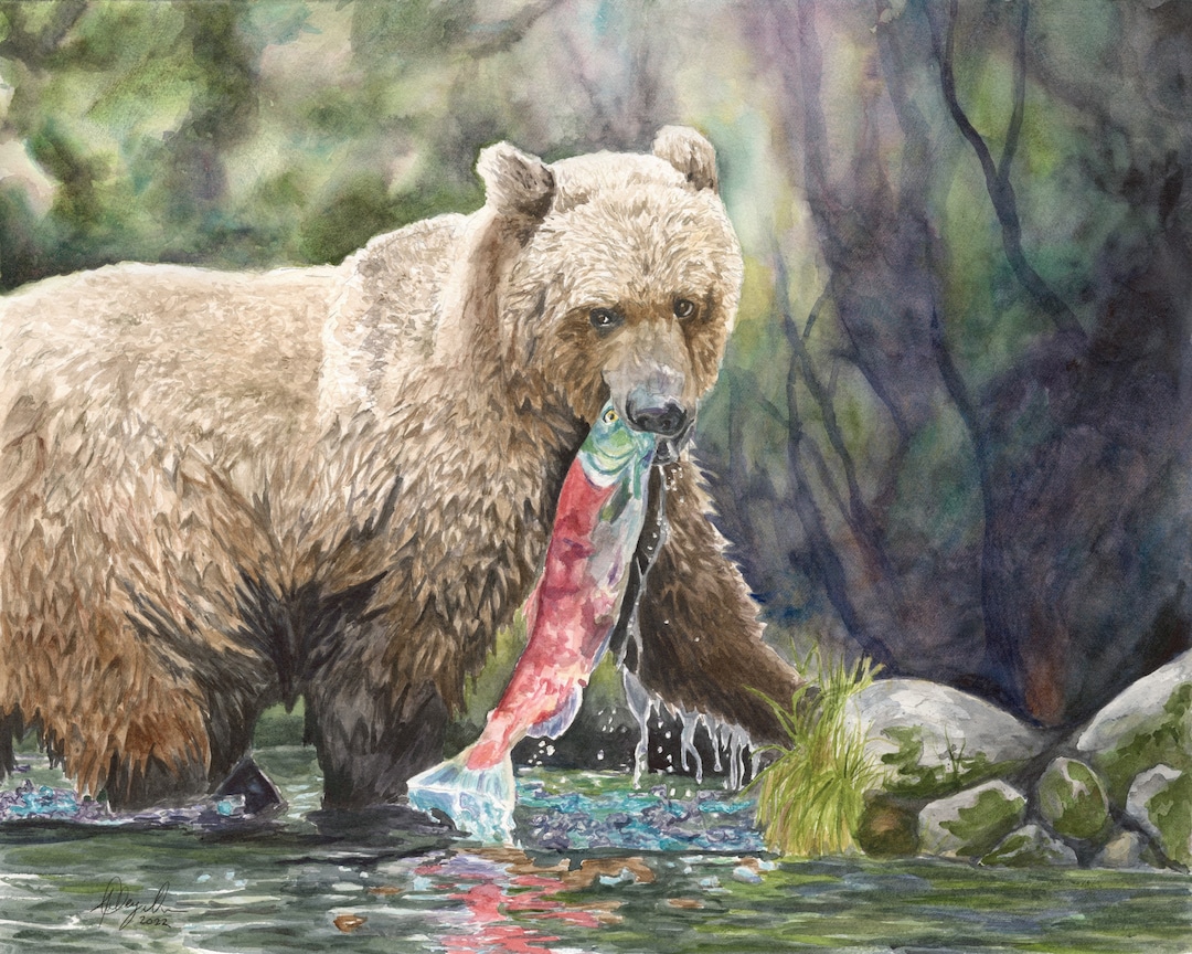 Bear Catching Salmon Fine Art Print - Etsy