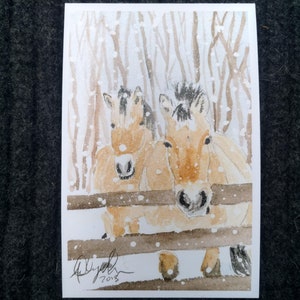 Puede incluir: Pintura acuarela de dos caballos marrones con marcas blancas de pie detr&aacute;s de una valla de madera en un bosque nevado. Los caballos miran al espectador. La pintura est&aacute; firmada y fechada en 2018.
