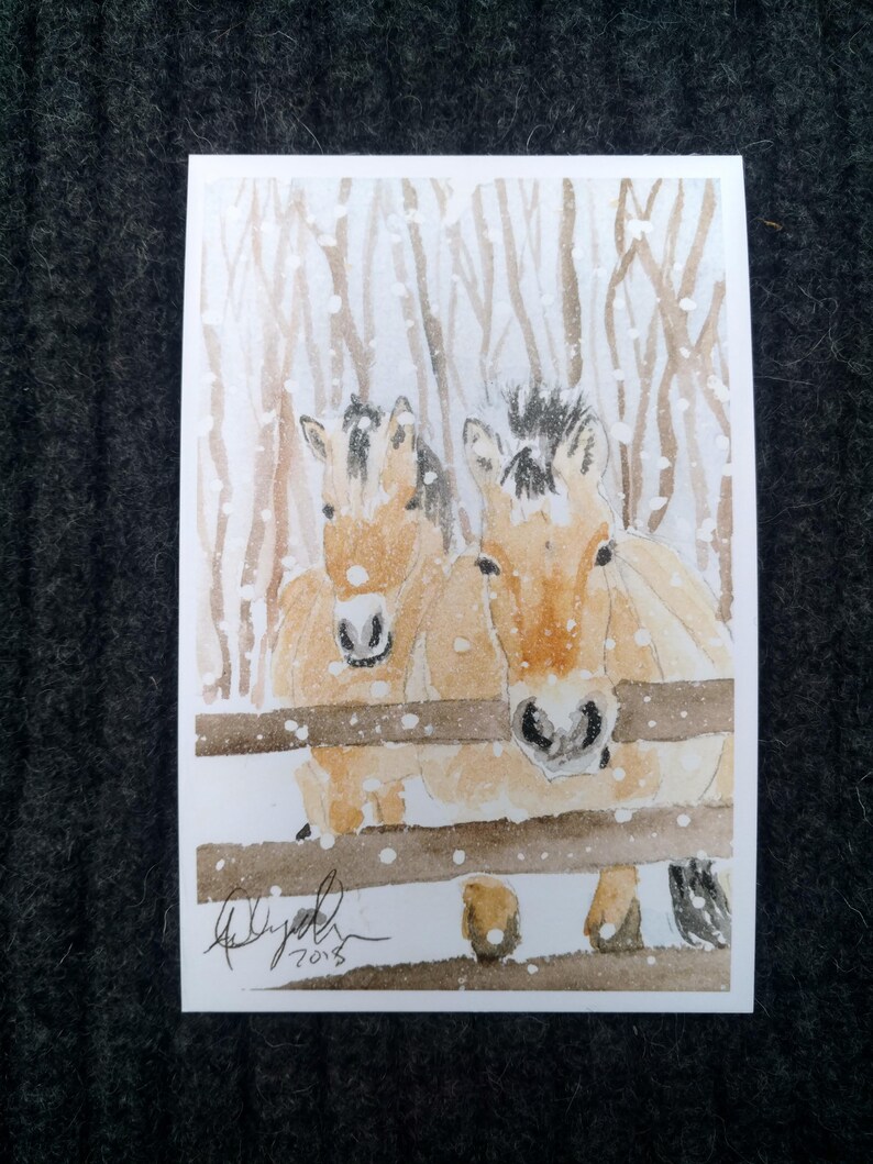 Puede incluir: Pintura acuarela de dos caballos marrones con marcas blancas de pie detr&aacute;s de una valla de madera en un bosque nevado. Los caballos miran al espectador. La pintura est&aacute; firmada y fechada en 2018.