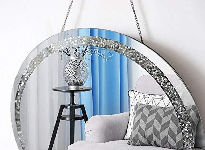 Crystal Crush Diamond Round Silver Mirror with Iron Chain for Wall Decoration Diameter Circle 12 inch Wall Hang Frameless Mirror Small Handicraft Art 