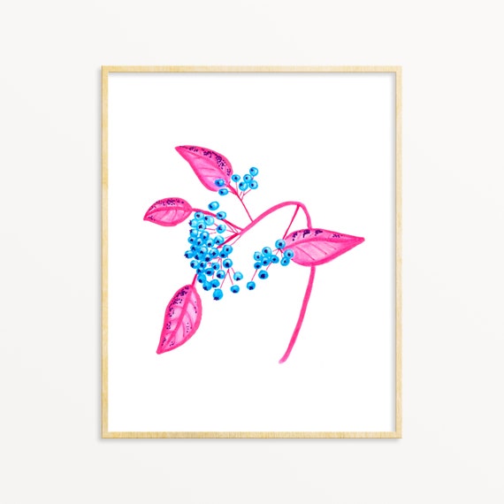 Blue Pink Berries Minimalist Artwork Kitchen Decor Modern Etsy
