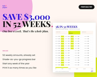 May include: A printable PDF savings challenge tracker titled SAVE $3,000 IN 52 WEEKS. The document features a grid with 52 weekly savings amounts, a progress bar to shade as you go, and fields for start and finish dates, all in a clean layout.