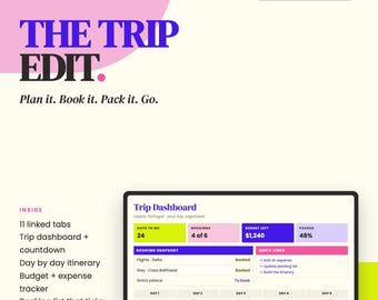 May include: A digital travel planner template titled The Trip Edit, compatible with Google Sheets and Excel. It features a Trip Dashboard with a countdown, booking snapshot, budget tracker, and itinerary. The layout includes 11 linked tabs.