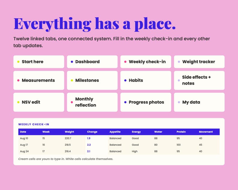 May include: A digital planner interface on a pink background with the text Everything has a place. Twelve white rectangular tabs labelled Start here, Dashboard, Weekly check-in, Weight tracker, Measurements, Milestones, Habits, Side effects + notes, NSV edit, Monthly reflection, Progress photos, My data, and a Weekly check-in table.