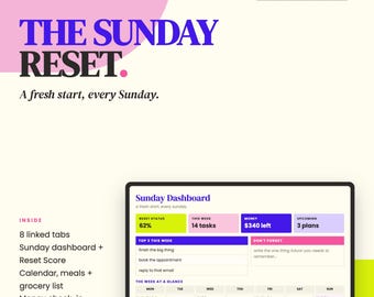 May include: A digital planner template titled The Sunday Reset with a Sunday Dashboard interface. It features sections for reset status, tasks, money, and plans, plus a weekly calendar view. The layout includes 8 linked tabs for tracking meals, grocery lists, and routines, compatible with Google Sheets and Excel.