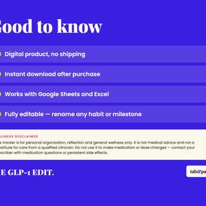 May include: A blue digital product information graphic with white text reading Good to know, featuring four bullet points about instant download, Google Sheets and Excel compatibility, and editability, plus a wellness disclaimer and The GLP-1 EDIT.