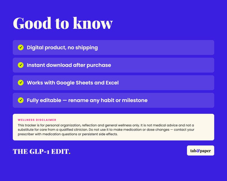 May include: A blue digital product information graphic with white text reading Good to know, featuring four bullet points about instant download, Google Sheets and Excel compatibility, and editability, plus a wellness disclaimer and The GLP-1 EDIT.