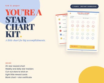 May include: A star chart kit featuring two printed pages with star-themed tracking grids, colourful outlines, and the text YOU'RE A STAR CHART KIT. The kit includes a 25-star reward chart, weekly and daily trackers, cut-out stars, and reward cards.