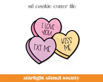 3 Convo Hearts STL Cookie Cutter File | Basic Shape | Valentines Candy  | Custom Cookie Cutter | Instant Download