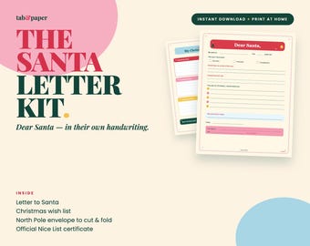 May include: A Santa letter kit featuring printable templates with a Dear Santa letter, Christmas wish list, North Pole envelope, and Nice List certificate. The design includes red, pink, and blue accents on a cream background with text.