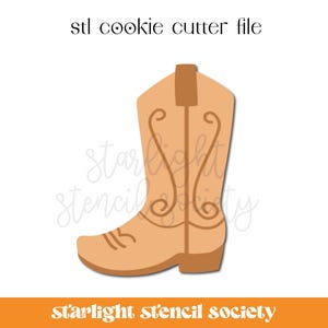 May include: A brown cowboy boot cookie cutter with a decorative design. The cookie cutter is shaped like a boot with a pointed toe and a high heel.