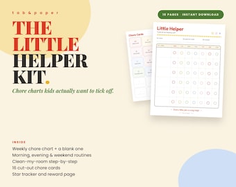 May include: A digital chore chart kit titled The Little Helper Kit featuring a weekly tracker, chore cards, and routine lists. The printable pages include a grid for tasks, colourful icons, and text labels for organising daily household responsibilities.
