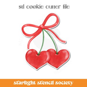 Puede incluir: Cortador de galletas rojo y blanco en forma de dos cerezas con un lazo rojo en la parte superior. Archivo de cortador de galletas stl.