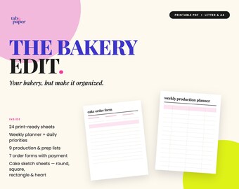 May include: A digital bakery planner set titled THE BAKERY EDIT with text stating Your bakery, but make it organised. Includes 24 print-ready sheets, weekly production planner, and cake order forms in PDF format for Letter and A4 paper sizes.