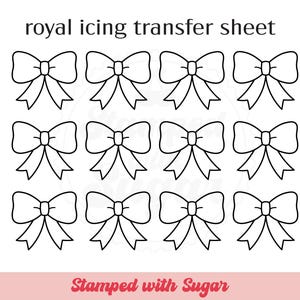 Könnte beinhalten: Ein weißes Blatt mit zwölf schwarzen Schleifenkonturen. Der Text "royal icing transfer sheet" steht oben, und "Stamped with Sugar" steht unten in einem rosa Banner.