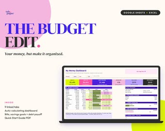 May include: A digital budget spreadsheet template for Google Sheets and Excel titled The Budget Edit. The interface features a My Money Dashboard with auto-calculating fields for income, expenses, savings, and debt payoff, including 9 linked tabs.