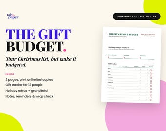 May include: A printable PDF Christmas gift budget planner with two pages, including a holiday budget overview and a gift tracker for twelve people. The document features sections for gift ideas, planned spending, actual costs, and a wrap check list.
