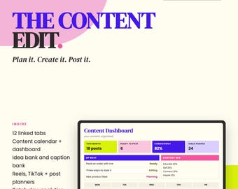 May include: A digital content planner template for Google Sheets and Excel titled The Content Edit. It features a content dashboard with metrics for posts, consistency, and ideas, alongside a weekly calendar view and a list of included features.