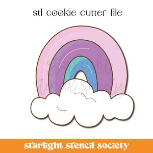 May include: A digital file for a cookie cutter in the shape of a rainbow with a cloud underneath. The rainbow is pink, purple, blue, and green. The file is in STL format.