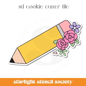 May include: A yellow pencil cookie cutter with pink and purple flowers. The cutter is outlined in black and has a white background.