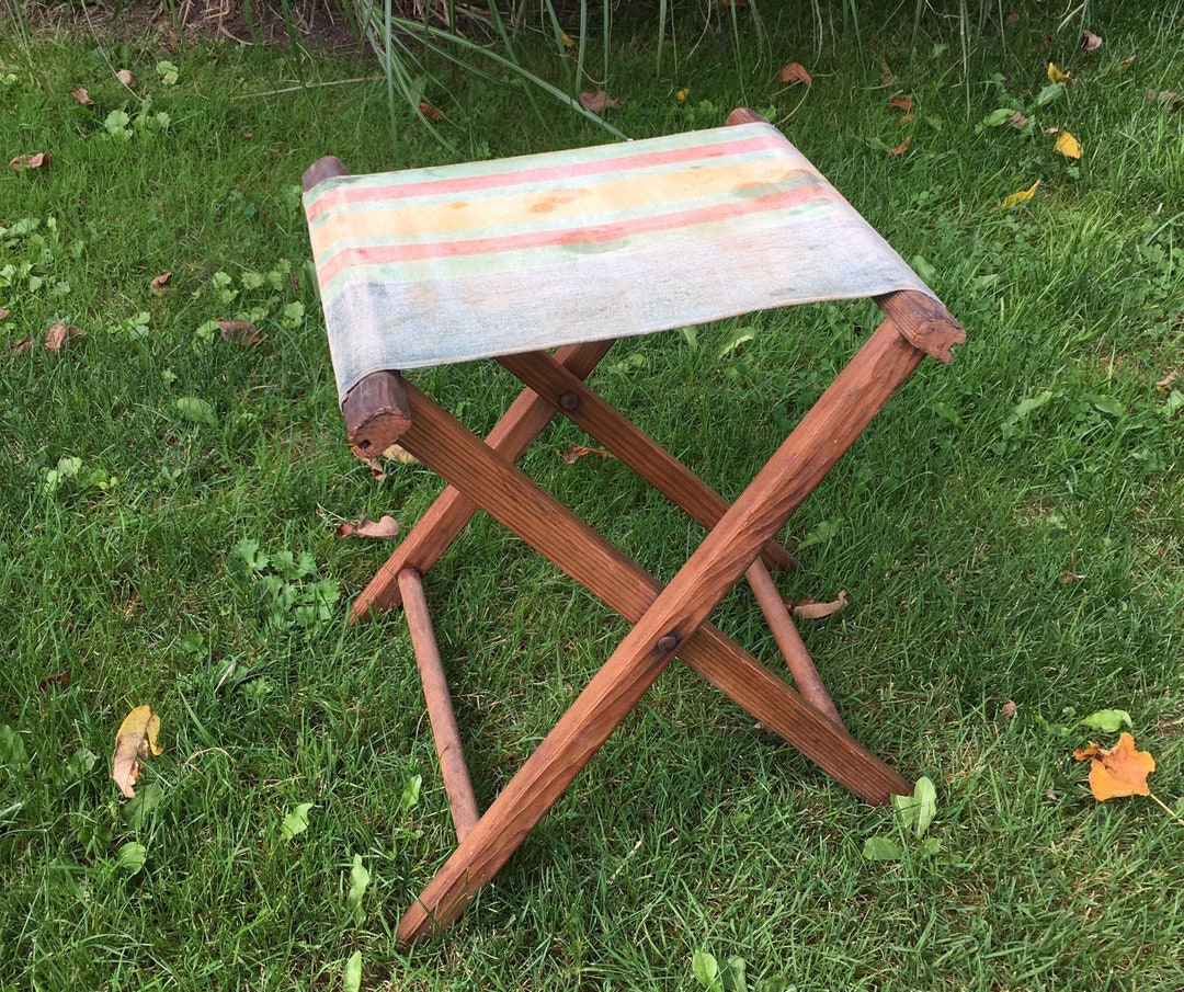 Vintage Camping Stool, Folding Camping Stool With Striped Canvas Cloth