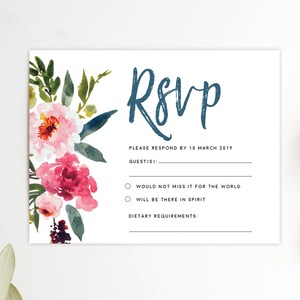 Cartes Rsvp pour mariage, modèle de carte Rsvp de mariage floral rose, carte postale Rsvp, carte Rsvp imprimable, insert Rsvp, carte de détail Rsvp numérique