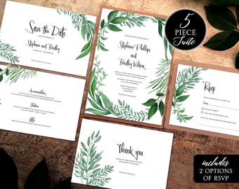 invitation greenery suite printable botanical wedding green etsy