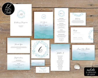 Beach Wedding Invitation Suite Editable Instant Set Destination Wedding Invitation Download Ombre Set Watercolor Modern Script Font