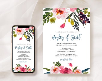 Pink Peony Wedding Invitation Template, Watercolor Invitations, Floral Invite, Wedding Stationery, Digital Download, Mobile Invitation Evite
