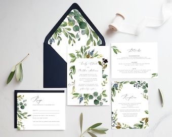 Greenery Wedding Invitation Suite Template, Eucalyptus Wedding Invitations, Printable Stationery,  Green Leaves Invite, Digital Mobile Evite