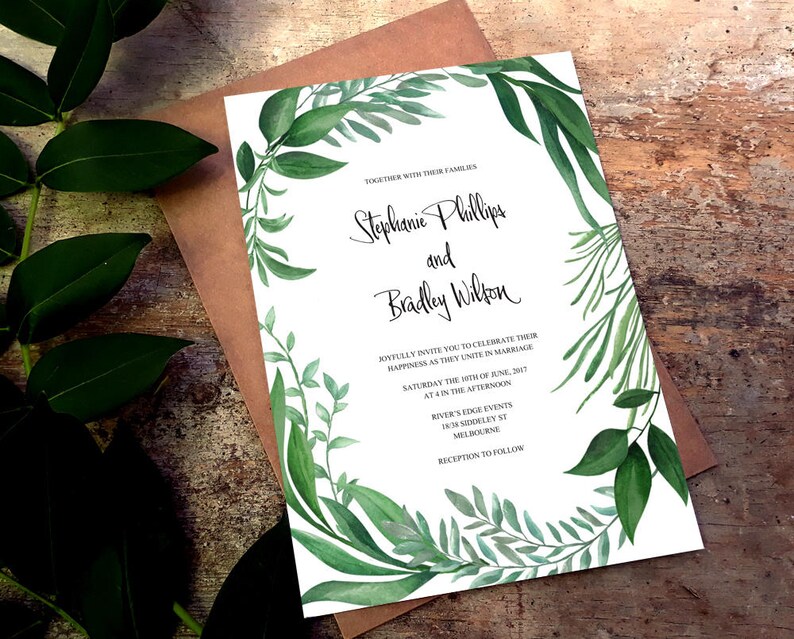 Printable Greenery Invitations Wedding Instant Greenery Botanical Leaf Suite Editable Greenery Download Leaf Invite Template Wreath Set