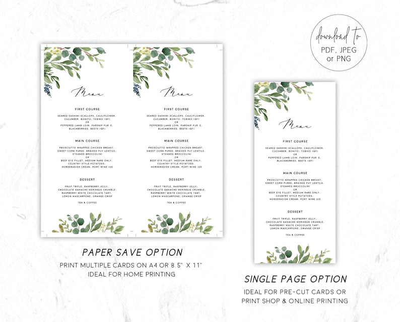 Wedding Menu Template, Greenery Wedding Menu Cards, Printable Table