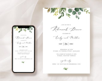 Rehearsal Dinner Invitation Template, The Night Before, Greenery Eucalyptus Wedding Digital Invitation Instant Download, Electronic Evite