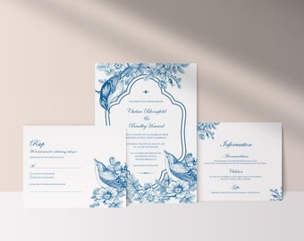 Vintage Wedding Invitations Kit, Royal Blue Invitation with RSVP, Printable Template, Love Birds Wedding Invite Instant Download