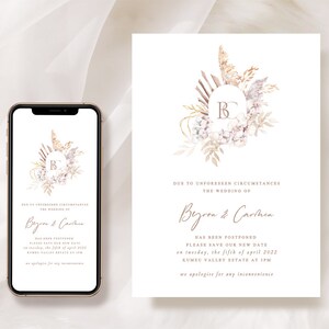 Boho Wedding Uitstel Aankondigingskaart, Wijzig de datumkaartsjabloon, Bewaar onze nieuwe datumkaart, Bruiloftannulering, Uitgestelde kaarten
