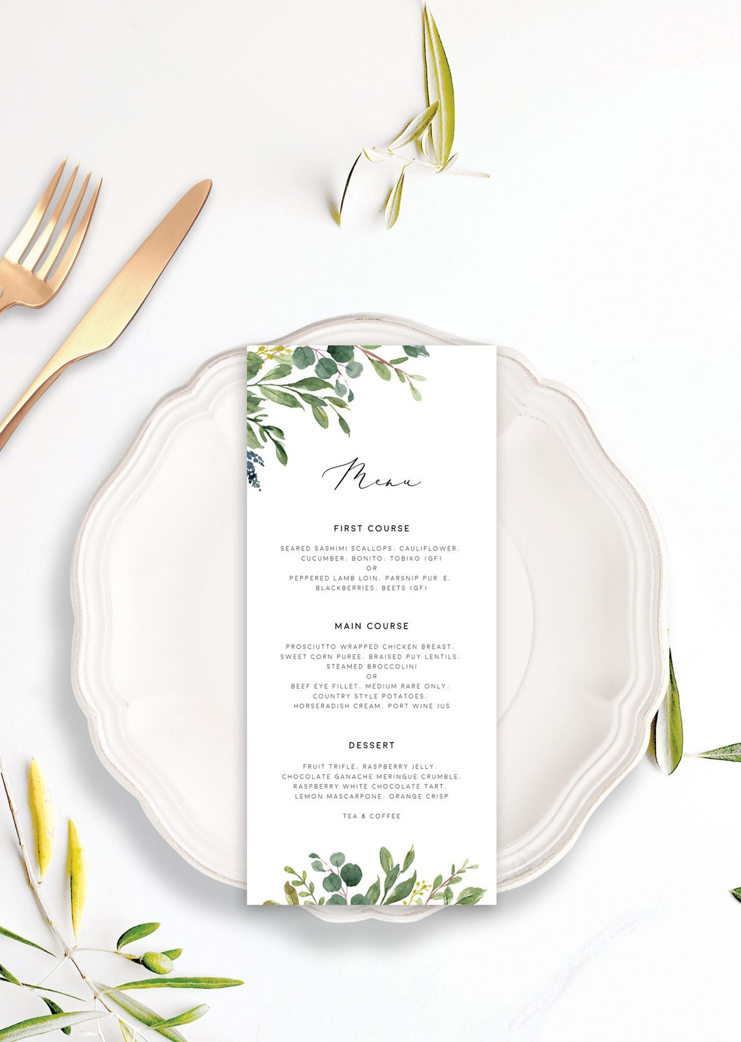 Wedding Menu Template, Greenery Wedding Menu Cards, Printable Table