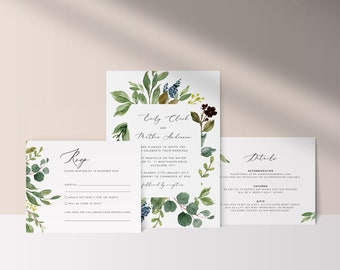 Eucalyptus Wedding Invitation Template Bundle, Greenery Wedding Invitation with RSVP, Printable Garden Wedding Invite Download, Mobile Evite